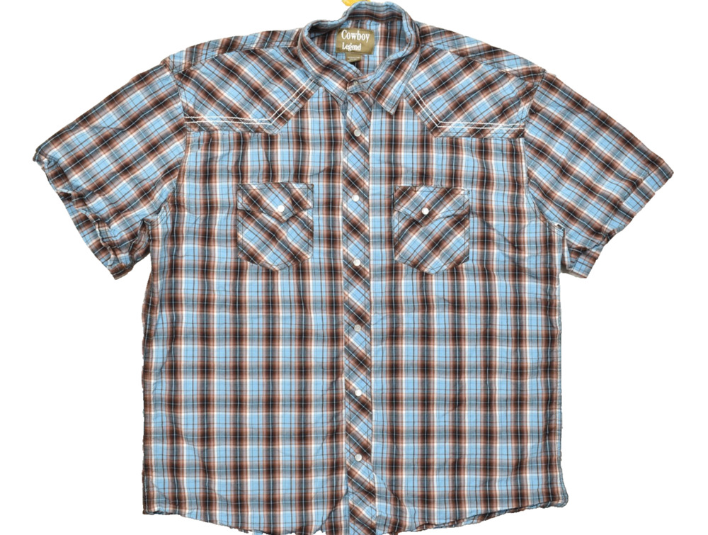 Cowboy Legend Men's XXL Blue Brown Plaid Short Sleeve Western Pearl Snap Cotton